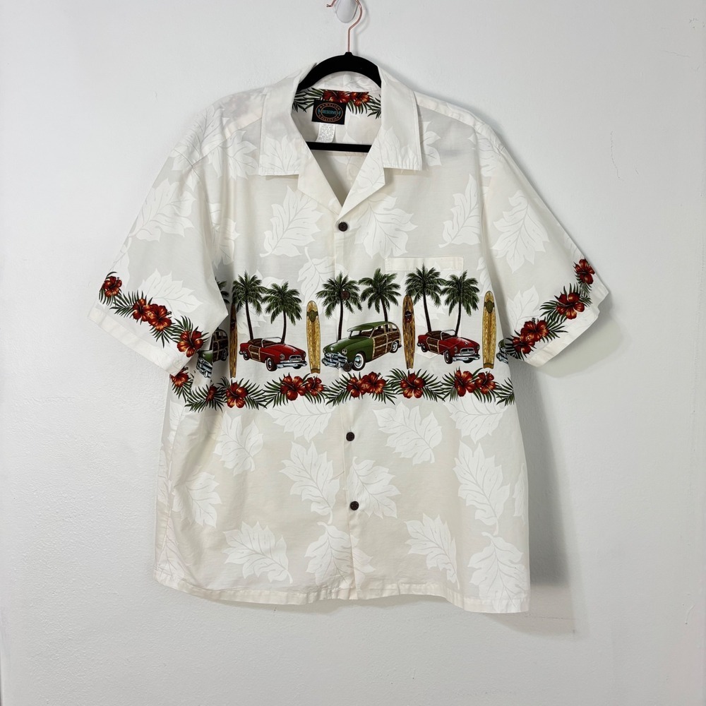 Vtg Hawaiian Reserve Camp Shirt Tropical Woody Car & Surf Scene Aloha Men 2XL